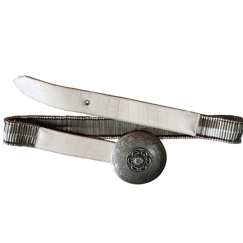 White Faux Croc Silver Medallion Belt L/XL Stretch Silver Link Coastal Cowgirl